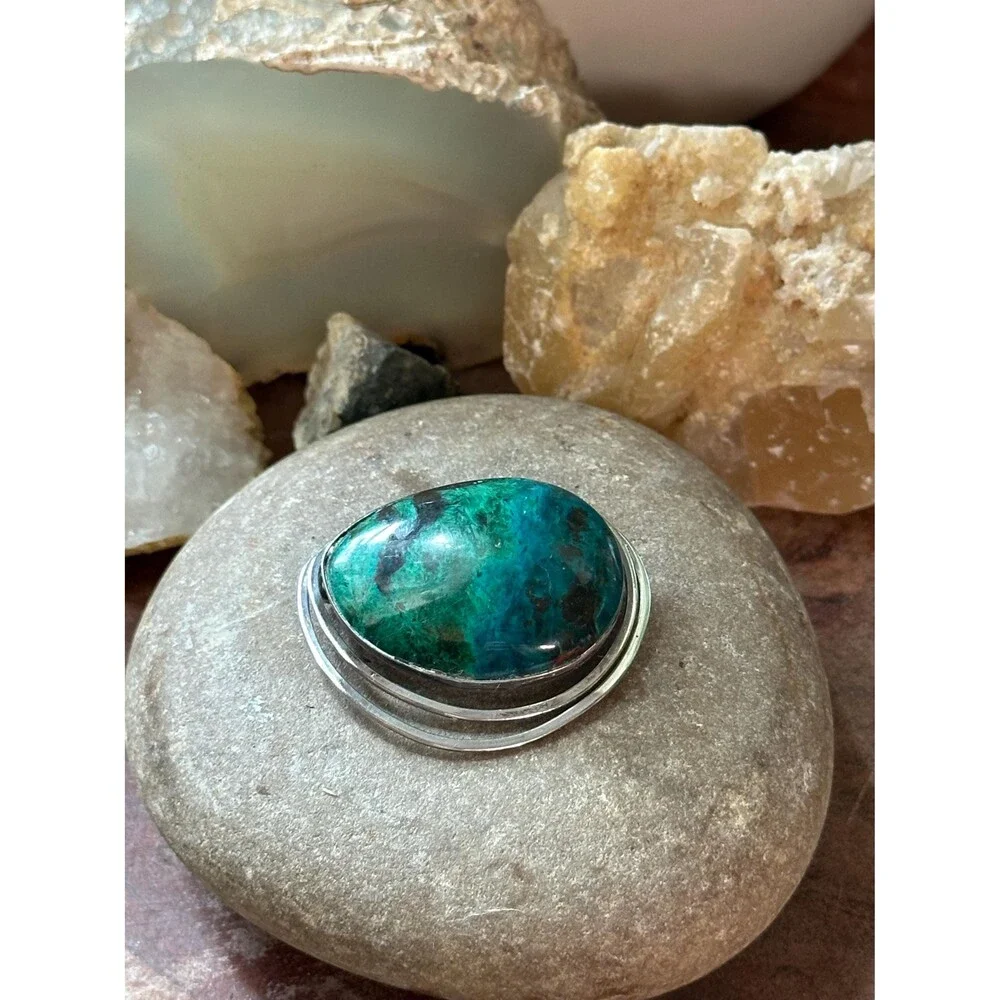 Vintage Israeli 925 Sterling Silver Brooch Pendant – Blue Green Chrysocolla Eila